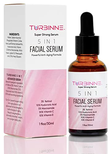 Turbinne 5 In 1 Overnight Facial Serum. 5 Powerful Serums. Retinol, Hyaluronic Acid, Niacinamide, Vitamin C & E. Powerful Anti-Aging, Reduce Wrinkles, Acne Scars, Dark Spots, 1Fl Oz #TOP9