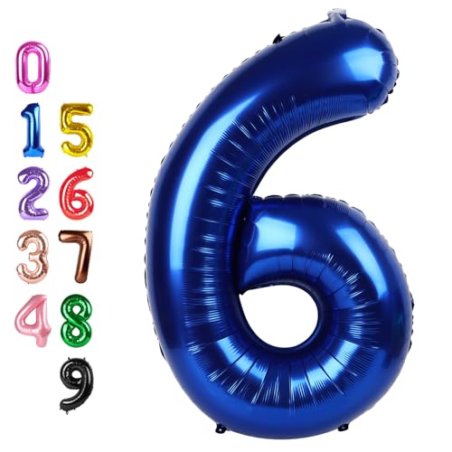 Image of 6 Balloon 40 inch Blue Number Balloons for 6th Birthday Party Decoration | Saturated Color, Large 40 in, With Inflation Straw & Hanging Hole, Great for Men's Party, Back-To-School Season, Pool Party
