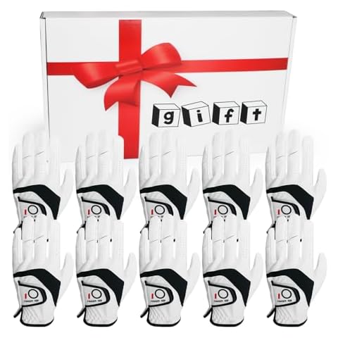 VEASAERS Golf Gloves Men Left Hand for Right Handed Golfer 10 Pack with Gift Box, Mens Glove Leather All Weather Grip Soft Breathable Flexible (White, Medium(Worn On Left Hand)) Cover
