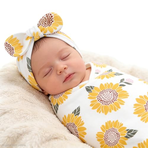 Image of Baby Swaddle Sleep Sack with Hat Set for 0-3 months 3-Pack Soft Cotton Newborn Wearable Swaddle Wrap for Girls Boys (Yellow Set)