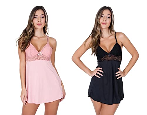 KIit Com 2 Camisolas Lingerie em Renda e Microfibra (Preto e Rosa Claro, M)