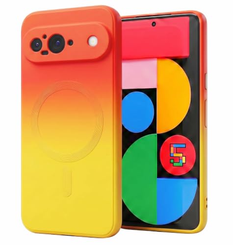 Image of amazon basics Gradient Mag-Safe Case for Google Pixel 9 | Soft Silicone Shockproof Cover with Camera Protection | Slim Lightweight Design | Smooth Touch & Durable - Orange & Yellow