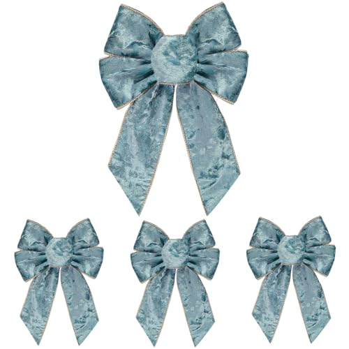 CHMOART 4 Pieces Haze Blue Wreath Bow 7.0 x 10.2 Inches Wedding Bows Blue Velvet Bow Birthday Craft Bow Holiday Tree Topper Ornament Bow for Home Front Door Decorations