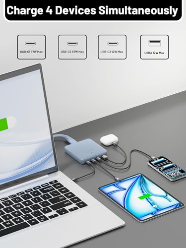 Image of USB C Charging Station 67W, 4-Port Slim USB C Charger Block for iPhone 17 /16 /15, MacBook Air /Pro with 5ft Extension Cord, 3 USBC, 1 USB-A, Fast Charging Desktop Charger for Home Office Travel, Blue