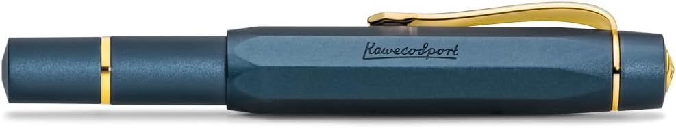 Kaweco PISTON SPORT AL Navy/Gold Starter Set I Classic 13 cm Aluminium Fountain Pen with Steel Nib in Nostalgic Box I Including 32 ml Ink Bottle in Royal Blue I Nib: M (Medium)
