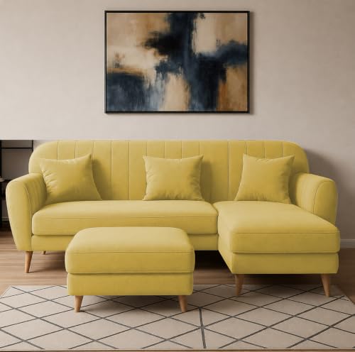 Image of Atticus RHS 4 Seater L Shape Sofa Set with Ottoman for Living Room (Yellow Fabric) Premium Fabric Sofa Set