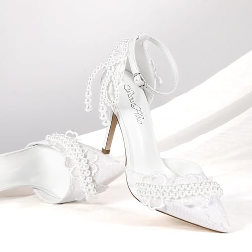 Mofri ShowHow Women's High Heels Stiletto Closed Pointed Toe Heels Pearl Lace Wedding Shoes Ankle Strap Pumps Bridal Party Wedding Dress Shoes4