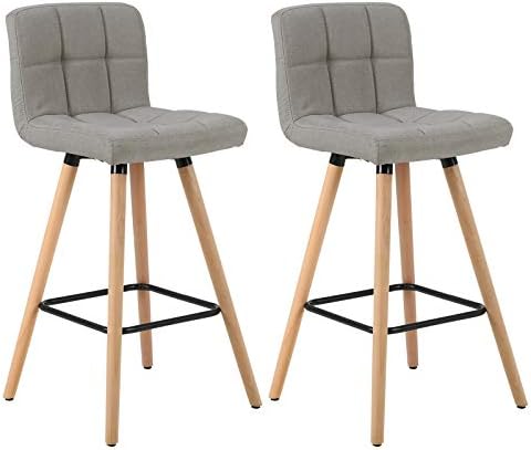 WOLTU Bar Stools Set of 2 PCS Soft Linen Seat Bar Chairs Breakfast Kitchen Counter Chairs Solid Wood Legs Barstools Light Grey High Stools with Backrests & Footrests
