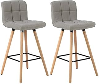 WOLTU Bar Stools Set of 2 PCS Soft Linen Seat Bar Chairs Breakfast Kitchen Counter Chairs Solid Wood Legs Barstools Light Grey High Stools with Backrests & Footrests