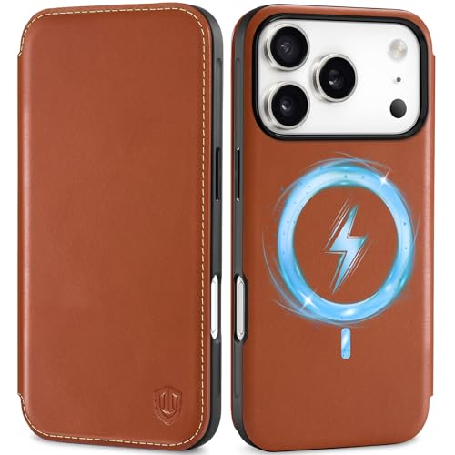 SHIELDON Genuine Leather Slim Wallet Case for iPhone 17 Pro 6.3-inch 5G 2025 | Wireless Charging, Folio Magnetic, RFID Blocking Card Holder, Shockproof Phone Cover for Men Women - Retro Brown