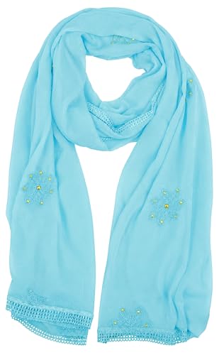 Image of YOUTHQUAKE Flower Embroidered Diamond Work Chiffon Dupatta for Womens & Girls With 4 Side Lace