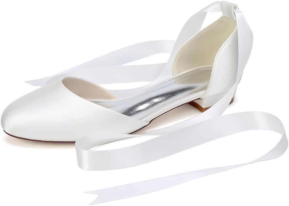 Women's Ribbon Tie Wedding Flats 0.8" Satin Comfortable Closed Toe Ballet Flats for Bride Round Toe Party Dress Pumps Shoes 6688-01