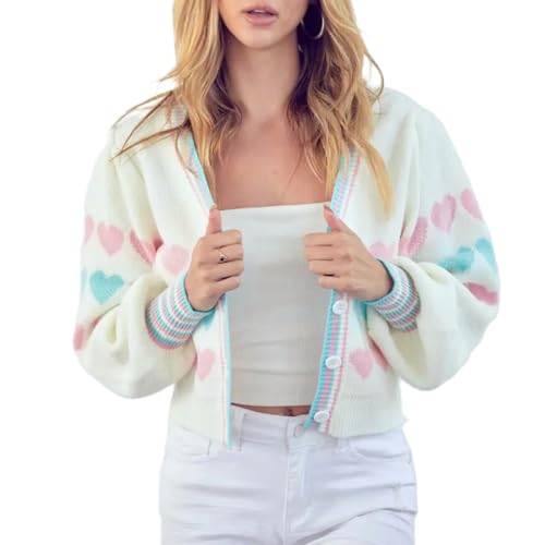 Image of Valentine's Day Cardigan Sweaters for Women Love Heart Print Button Down Cropped Cardigans Y2K Open Front Knit Sweater