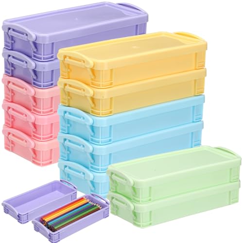 Image of Gueevin Large Capacity Plastic Pencil Box Clear Plastic Pencil Case Crayon Box with Snap Tight Lid Watercolor Pen Storage Brush Organizer Drawing Tools Container (Macaron Colors,12 Pcs)