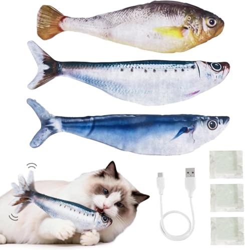 Elektrisches Katzenspielzeug Fisch 3er Set, Interaktiver Flatterfisch mit Bewegungssensor, USB wiederaufladbar mit Katzenminze, 3 Modi schnell langsam intermittierend, 18cm Plüsch Spielzeug für Katzen
