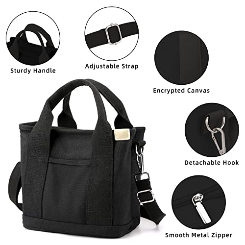 Small Tote Bag For Women Mini Black Canvas Crossbody Tote Bag With Zipper Stylish Satchel Shoulder Bag Hobo Handbag #TOP1