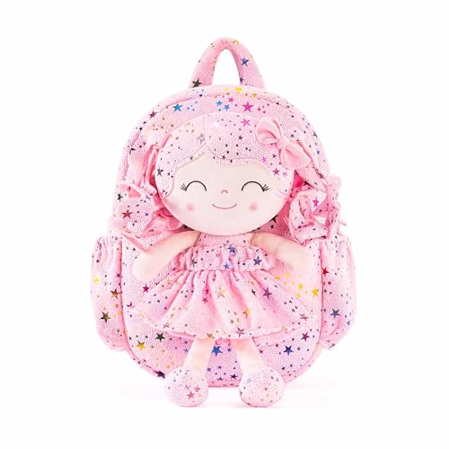 Image of Gloveleya Toddler Backpacks Baby Girl Gifts Curly Hair Plush Figures Dress Backpack - Colorful Star Accents 11''