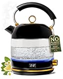 Glass Electric Kettle No Plastic, Stainless Steel, Auto Shut Off and Keep Warm Function - Black and Gold Tea Kettle with Temperature Control – 1500W Fast Hot Water Boiler for Coffee and Tea