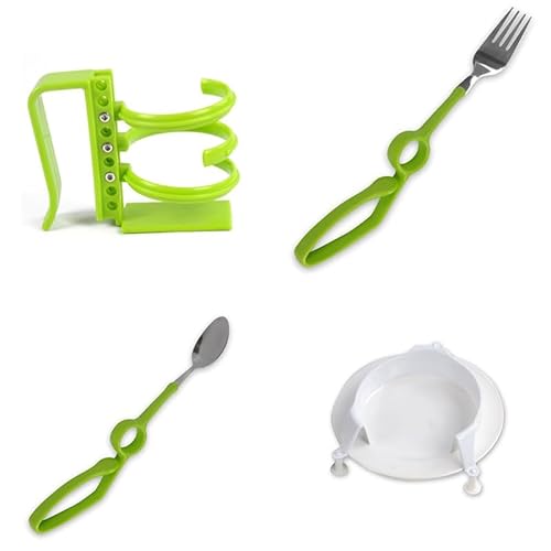 ライフスタイルセルフサービス単品 曲ハンドルスプーン、曲ハンドルフォーク、障害者用スプリンクラートレイ、調節可能なカップホルダー、高齢者向け食器 (4セット)