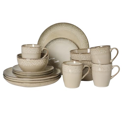 Image of Gibson Elite Jasper 16 Piece Plates and Bowls Reactive Glaze Dishes Stoneware Ceramic Dinnerware Set - Service for 4 - Taupe