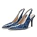 Zamikoo Women Beaded Pumps High Heel Slingback Pointed Toe Slip On 3.5 Inch Stilettos Ankle Strap Adjustable Buckle Fashion Dress Shoes for Party Event Floral Blue Patent Leather US Size 9.5
