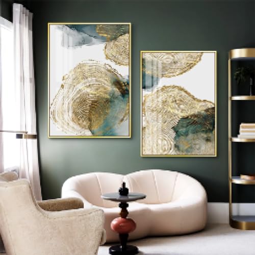 Tableau moderne pour salon abstrait feuille verte dorée lot de 2 cadres 40x60 cm