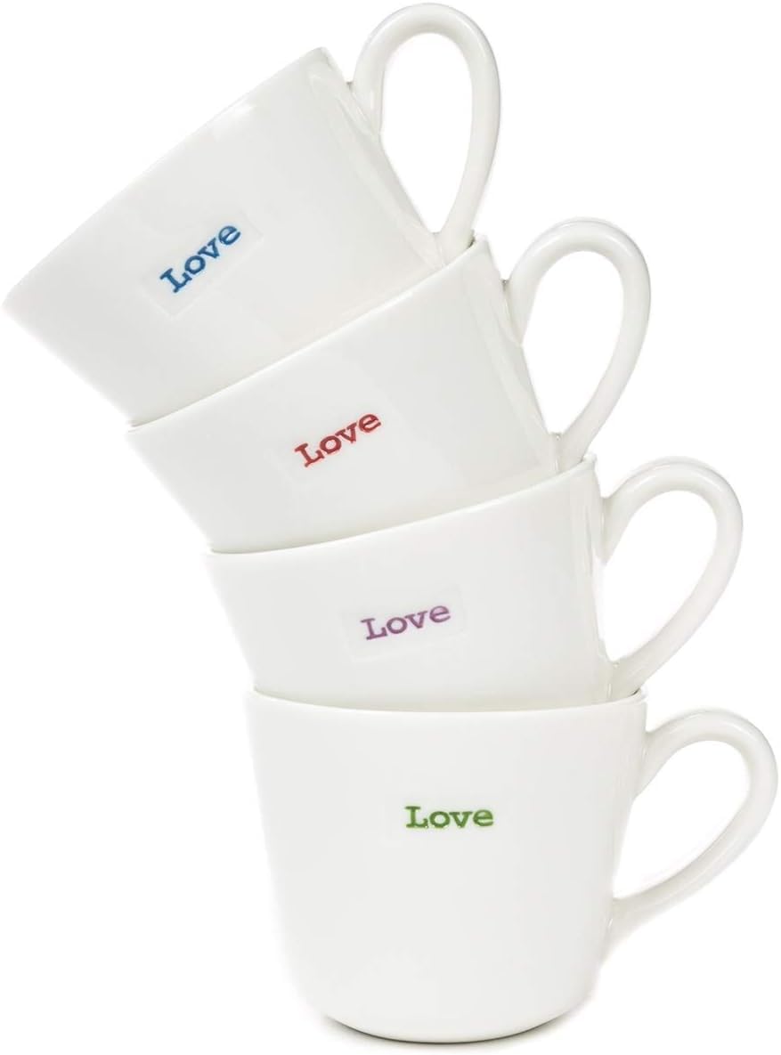 Keith Brymer Jones Word Range Espressotassen aus Keramik, Weiß, 4 Stück, in Geschenkverpackung, Liebe, 100 ml