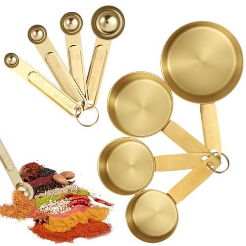 8 Pcs Golden Stainless Steel Measuring Cups and Spoons Set, Stackable Nesting Kitchen Measure Set, Gold Kitchen Accessories for Liquid & Dry Ingredients Baking Cooking