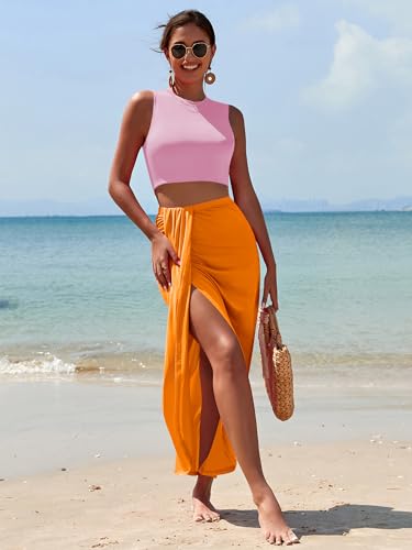 Image of ZAFUL Women's Casual Sleeveless Summer Two Piece Outfits Crop Top and Side Split Draped Ruched Maxi Skirt Set Solid Suiting