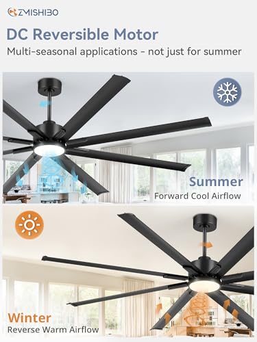 84 Industrial Ceiling Fan with Lights, 3CCT, 8 Reversible Blades, Quiet DC Motor, 6-Speed Remote - Indoor/Outdoor for Patios, Garage, Porch, Black