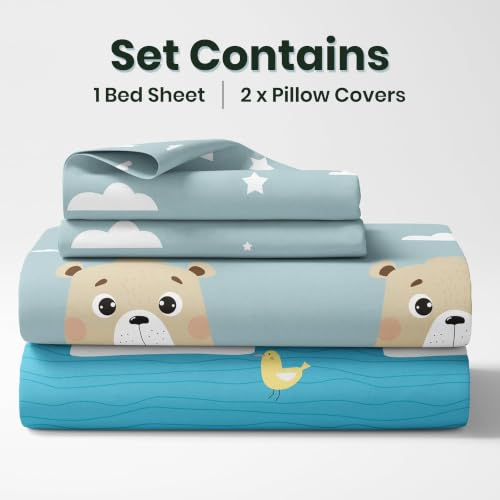 Image of LORETO - A QUALITY LINEN BRAND 186 TC 100% Pure Cotton Double /Queen Fitted Bedsheet with 2 Pillow Covers for 78 x 60 Inch Mattress, All-Around Elastic, 8 Inch Deep Pocket, Aqua Blue Bear & Duck