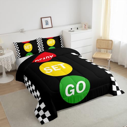 Image of Feelyou Kids Checkered Flags Comforter Set Full Size, Race Sports Bedding Set Karting Road Duvet Insert Boys Girls Teens Bedroom Decor Bed Set 3Pcs