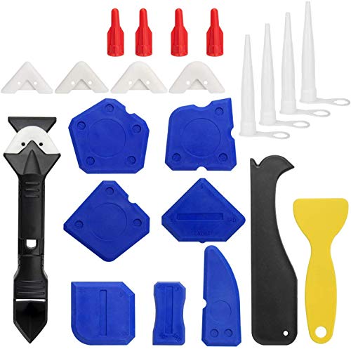 23 Pieces Caulking Tool Kit, 3 in 1 Caulking Tools Silicone Sealant Finishing Tool Grout Scraper Caulk Remover and Caulk Nozzle and Caulk Caps 3 Replaceable Pads,Room Sealing, Bathroom,Kitchen,Blue