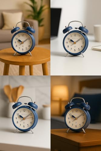 Image of RUCON Table Analog Clock Alarm Super Loud for Heavy Sleepers Retro Twin Bell Metal Frame Clock with Night Backlight Function Bedside Luminous Alarm for Bedroom /Office (Dark Blue)