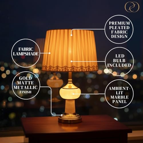 Image of ELARE Marble & Metal Base Table Lamp with Pleated Fabric Shade for Bedroom & Living Room | Modern Decorative Bedside Night Lamp for Home Decor, Study Table & Office | Premium Designer Table Light