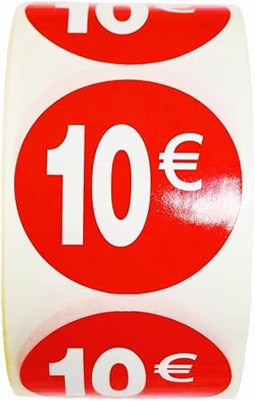 3 rollos de etiquetas de precio '10€' para productos rebajados | 1.500 pegatinas autoadhesivas de descuento en color rojo brillante | Pegatinas redondas para etiquetar ofertas de Ø35 mm (10€ 3)