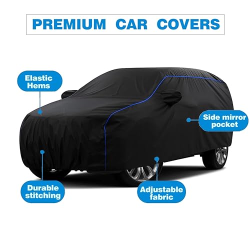 Image of Sulfar 100% Water Resistant Car Body Cover Compatible with Mirror for Maruti Suzuki Ertiga (Triple Stitched, Full Bottom Elastic, Black Tafetta with Blue Piping)