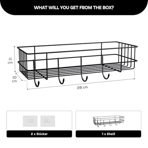 Image of amazon basics Self Adhesive Bathroom Shelf for Wall, Bathroom Organiser Without Drill, Rust Resistant Wall Mounted Bathroom Rack for Shampoo, Soap & Toiletries, Black, Pack of 1