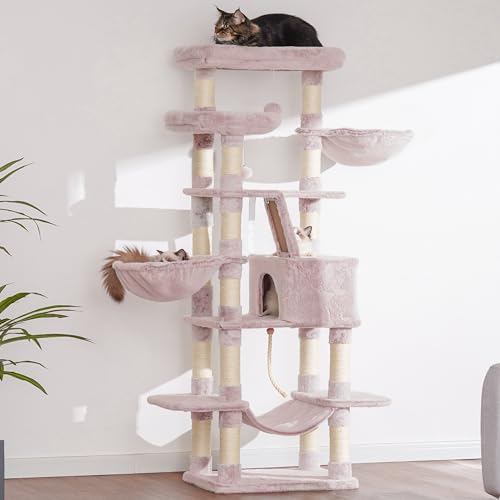 Image of Heybly Cat Tree, 68 inch Multi-Level Cat Tower for Indoor Cats HCT025MU | Cat Condo with 2 Widened Plush Perches, 2 Cozy Baskets, Scratching Board and Big Caves, Rosy Brown