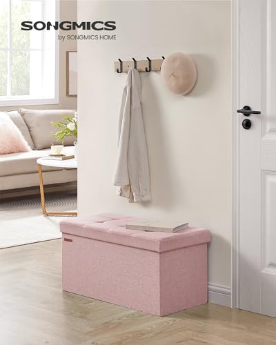 Image of SONGMICS Mazie Collection - 30 Inches Folding Storage Ottoman Bench, Ottoman Foot Rest, End of Bed Bench, Storage Chest, Load 660 lb, for Living Room, Bedroom, Entryway, Jelly Pink ULSF047R11
