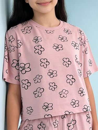 Image of Li'l Tomatoes Girls Cotton Night Suit Set | 100% Cotton Summer Co-Ord Set | Half Sleeve T-Shirt & Full Length Pajama | Soft & Breathable Printed Clothing Set | 9-16 Years