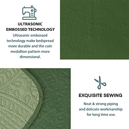 Bedream 3 Pieces Reversible Oversized Bedspread Set Queen, Green Light Weight Ultrasonic Embossed Quilt Set With Coin Medallion Pattern, Modern All Season Solid Coverlet For Bedroom, Microfiber #TOP3