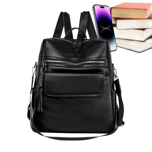 Mochila para mujer negra de cuero PU con gran capacidad para la universidad
