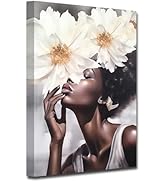 CXHOSTENT African American Wall Art White Flower on Black Women Head Picture Prints Vintage Abstr...