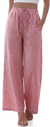 TARSE Womens Linen Striped Gingham Wide Leg Pants Palazzo Drawstring Elastic Waist Lounge Pajama Pants Cute Casual Trousers with Pockets(RedWhitePlaid L)