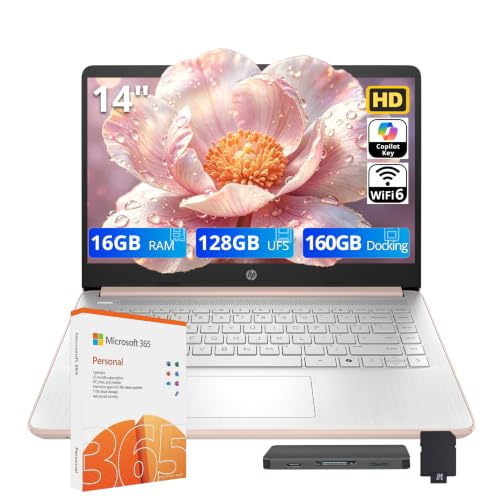 Image of HP Stream 14 inch HD Student & Business Laptop, Intel Processor N150, 16GB RAM, 288GB Storage (128GB UFS + 160GB Docking Station), Intel Graphics, 1 Year Office 365, Wi-Fi 6, Win 11, Pale Rose Gold