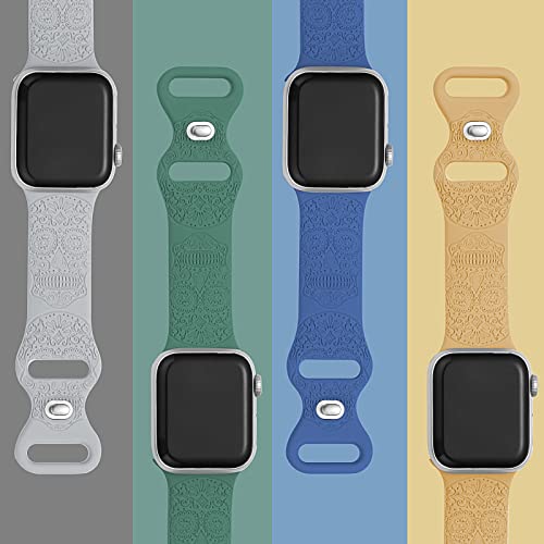 Butterflies Engraved Design Sport Bands Compatible With Apple Watch 38Mm 40Mm 41Mm 42Mm 44Mm 45Mm, Skull Floral Laser Printed Soft Silicone Sport Strap Compatible With Iwatch Series 7 6 5 4 3 2 1 Se Blue #TOP6