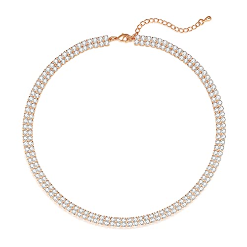 Luxval Tennis Necklace 14K Rose Gold Rhinestone Choker Necklaces For Women Dainty Zirconia Cut Faux Diamond Chain 6Mm Width 13Inches Wedding Necklace For Women cover