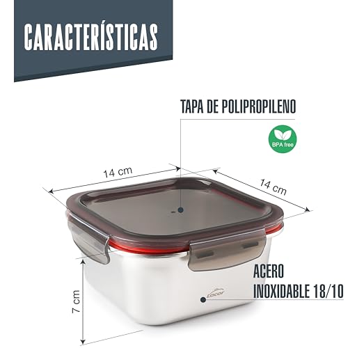 Miniatura 2 de Lacor - 64613 - Recipiente Para Alimentos Cuadrado Ecoinox, Acero Inoxidable 18 10, 650 Ml, Apto Para Microondas, Horno, Congelador Y Lavavajillas, Hermético, 4 Cierres De Clip, Bpa Free