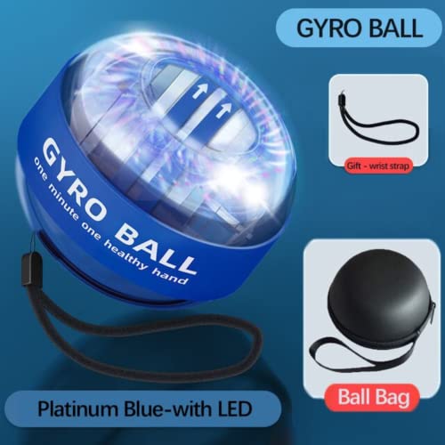 Image of Gyro Ball Wrist Strengthener - Auto Start Forearm Exerciser with Ergonomic Grip - Hand, Finger, Arm Workout for Fitness, Sports, Musicians & Rehab (Bag, Platinum Core, Lights, Blue)